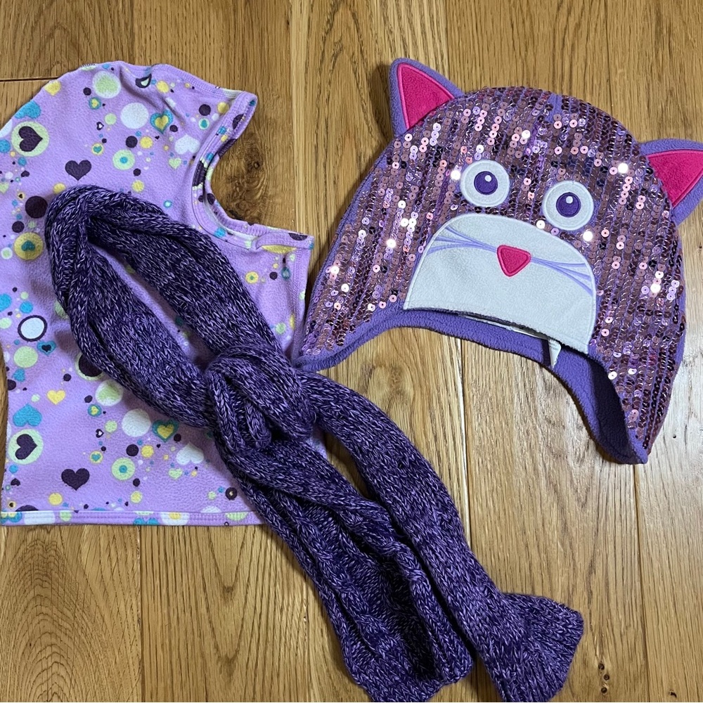 Kids Purple Sequin Cat Winter Hat, Scarf, & Hot Chilly's Baklava Set. Size 8+